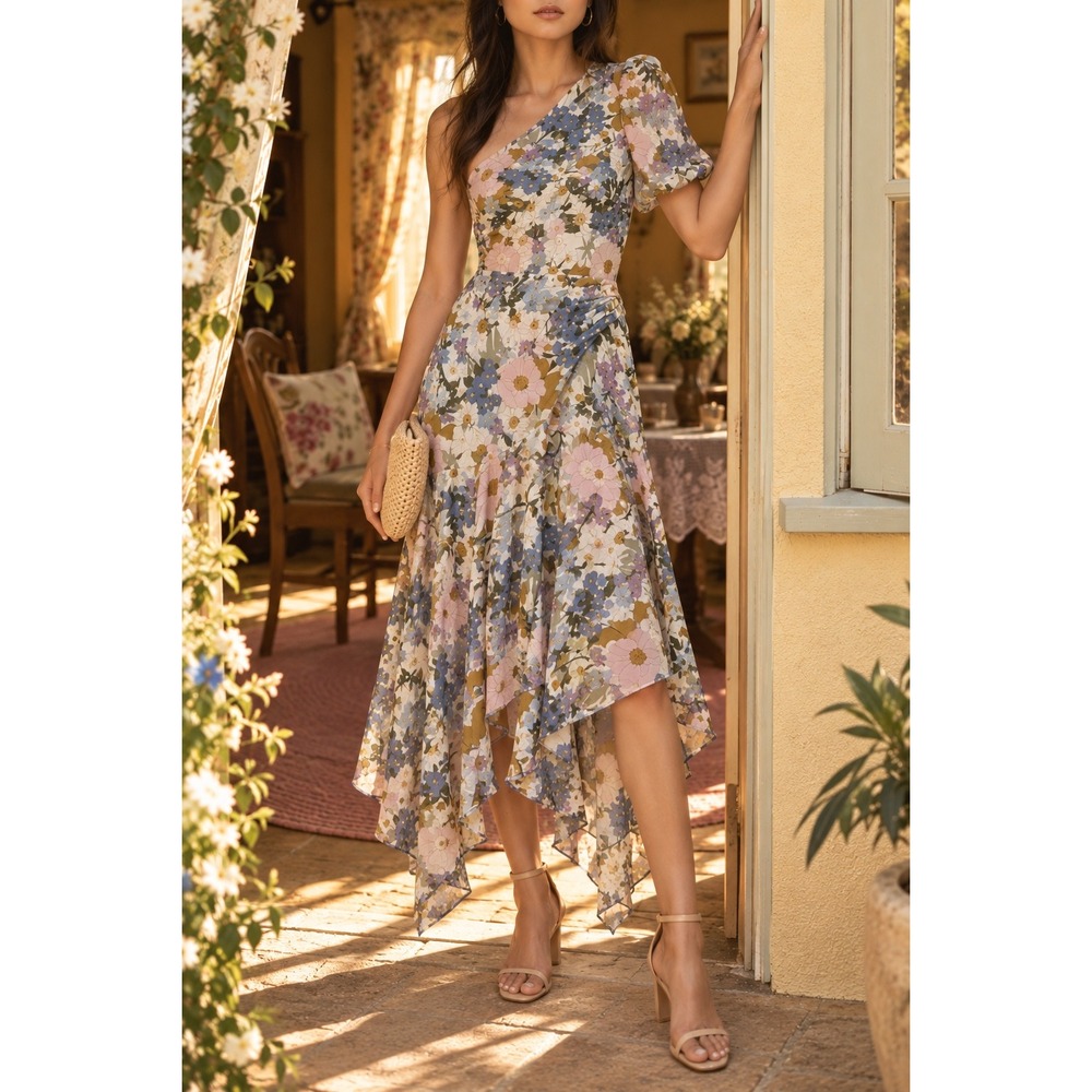 ASTR The Label Santorini One Shoulder Floral Midi Dress Off White Retro XS